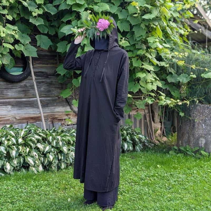 100% cotton abaya with hood, pockets and button up- black and navy-unisex