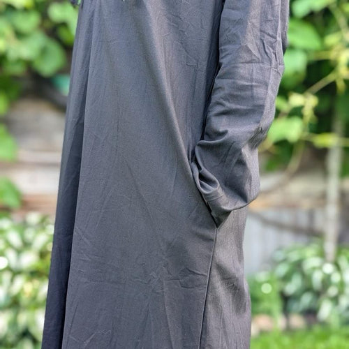 100% cotton abaya with hood, pockets and button up- black and navy-unisex
