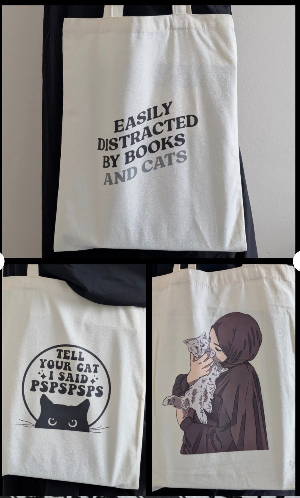 Cat and Book Lover Totes 4 Palestine- pspspsps, Easily Distracted, Muslimah