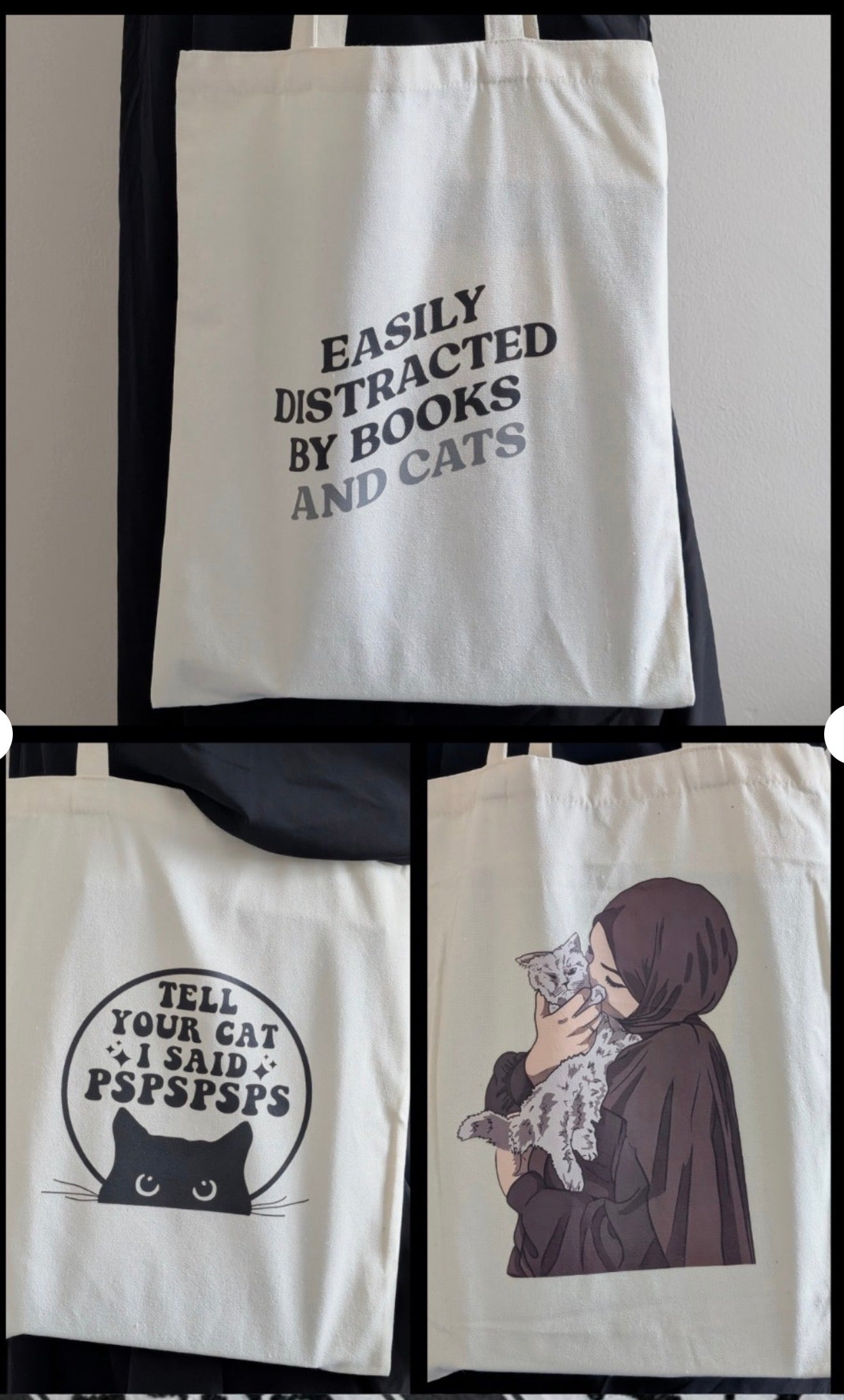 Cat and Book Lover Totes 4 Palestine- pspspsps, Easily Distracted, Muslimah